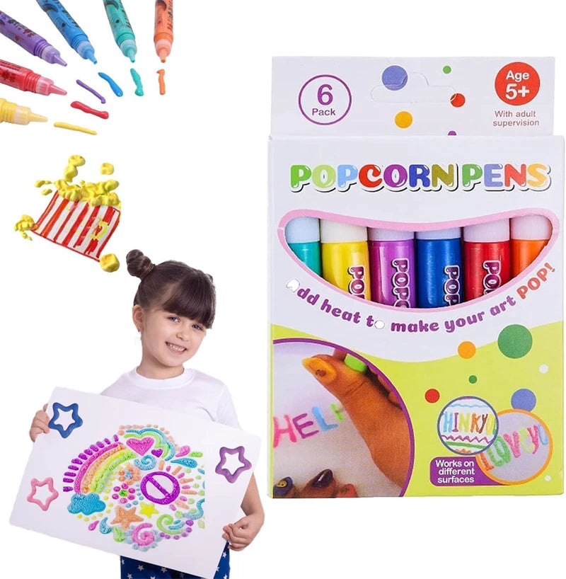 Stylos Magiques Popcorn pour Enfants – Lot de 6 ou 12 Stylos Moussants et Gonflants pour Dessins Créatifs et Ludiques