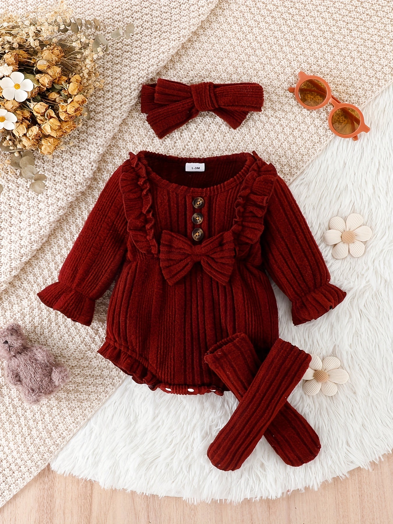 Ensemble 3 pièces bébé fille – Body à volants dentelle + bandeau + chaussettes