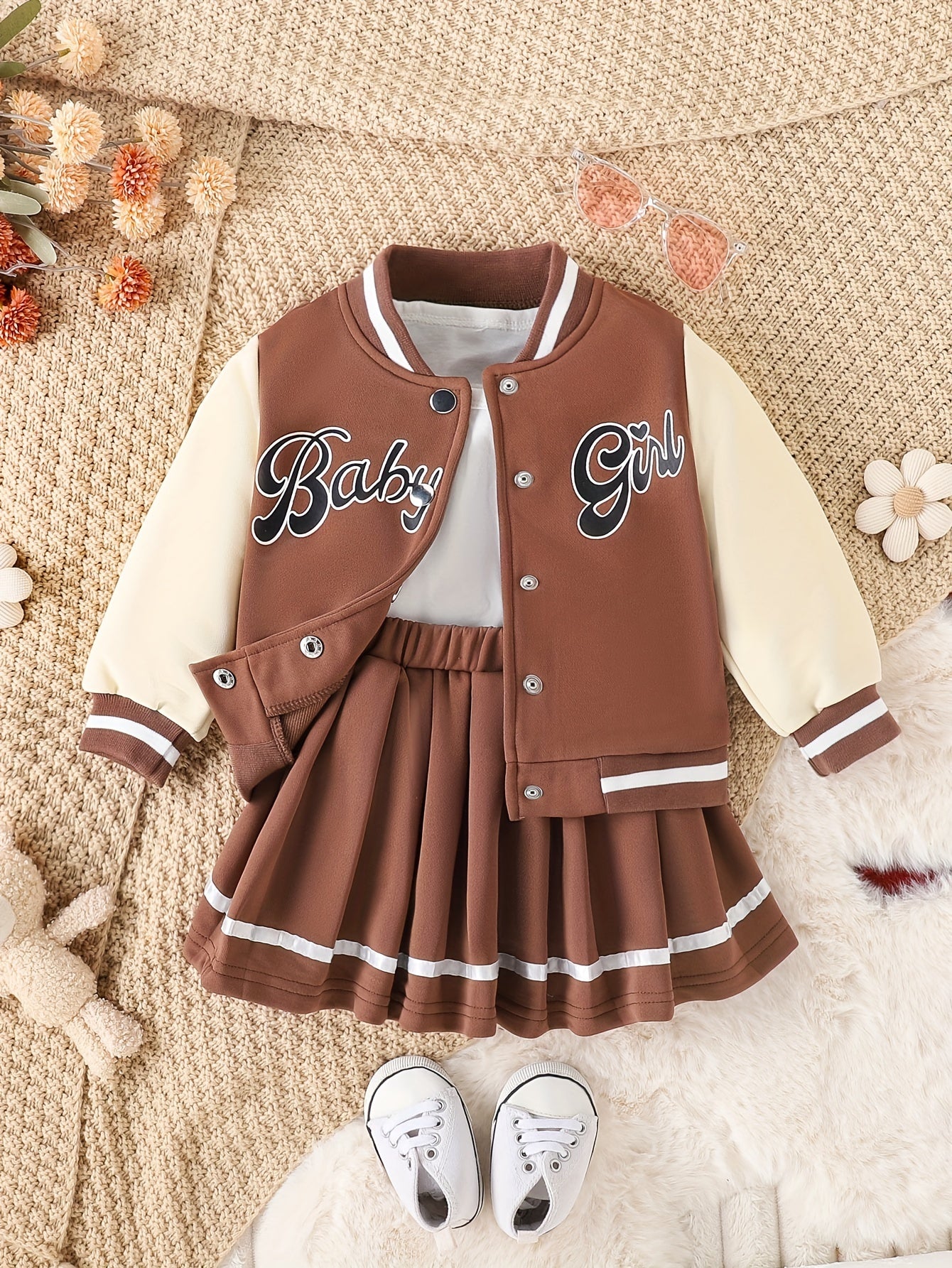 Ensemble 2 pièces fille style preppy – Veste type baseball + jupe plissée "BABY GIRL"
