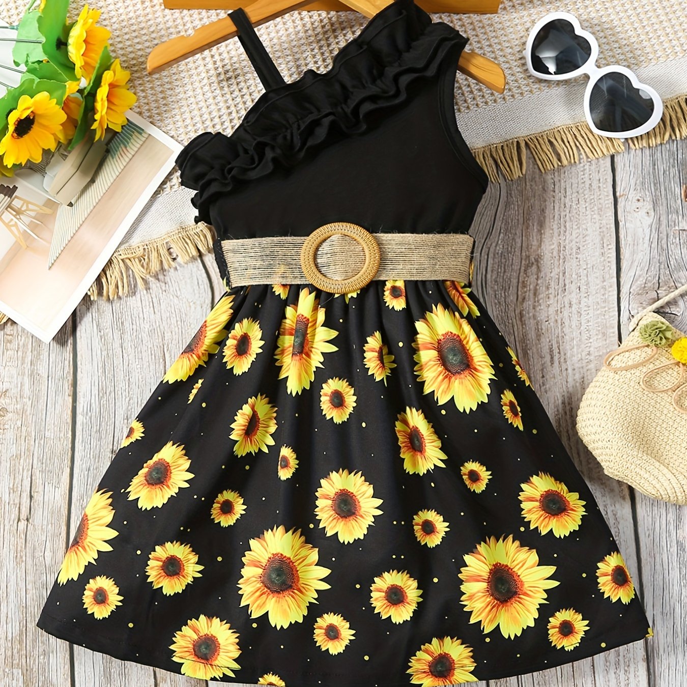 Robe été fille – Robe princesse à une épaule avec tournesols et ceinture