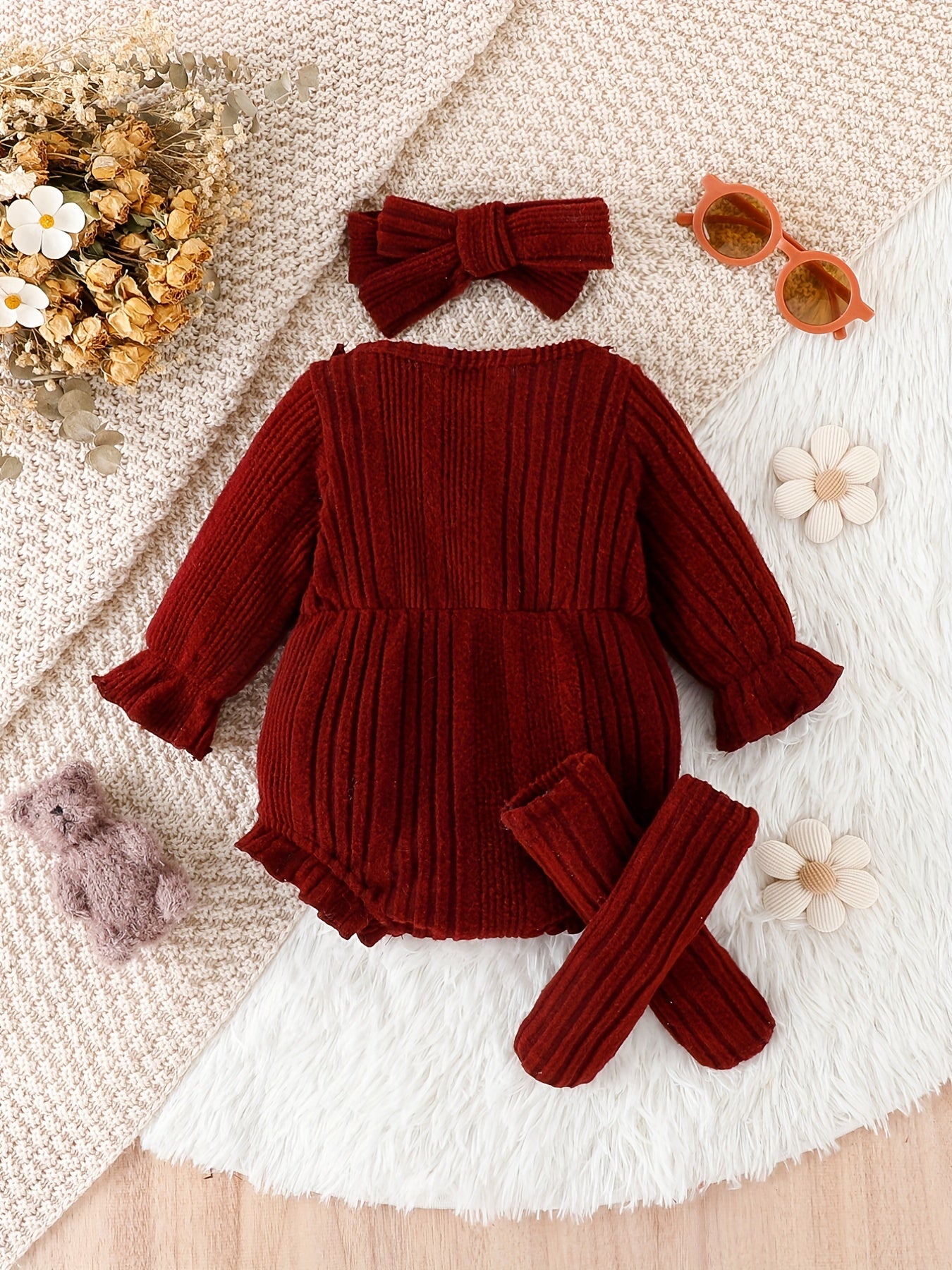 Ensemble 3 pièces bébé fille – Body à volants dentelle + bandeau + chaussettes