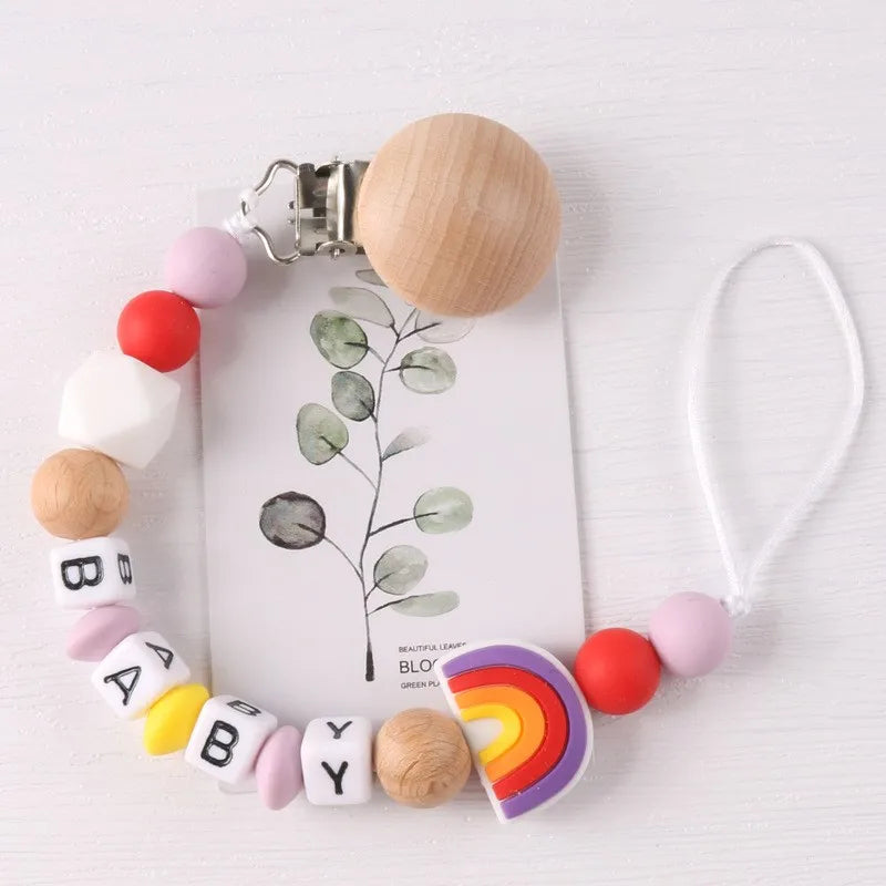 Chaîne de sucette en silicone avec clip bois | Accessoire bébé sûr