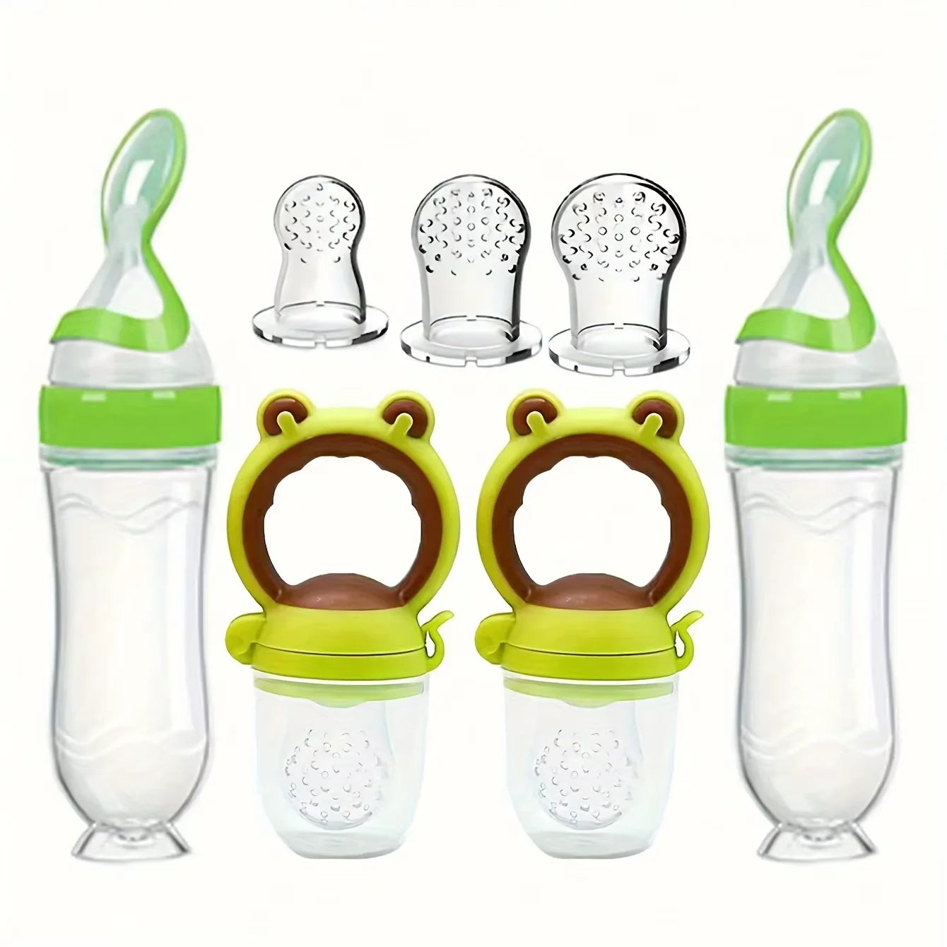 Set d'Alimentation Bébé 7 Pièces – Biberons Cuillères + Tétines Grignoteuses avec Embouts – Silicone Souple et Sans BPA