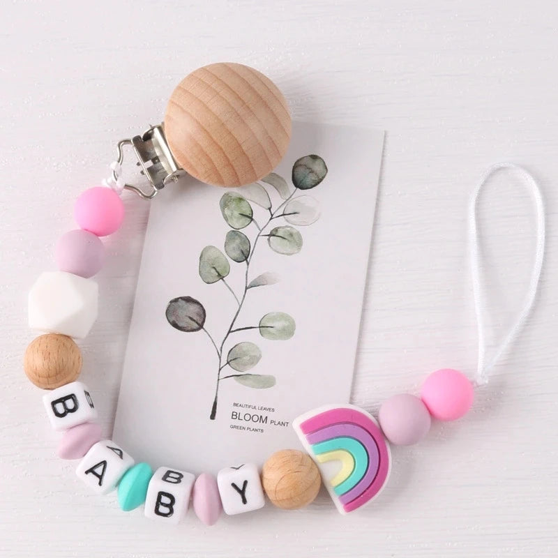 Chaîne de sucette en silicone avec clip bois | Accessoire bébé sûr