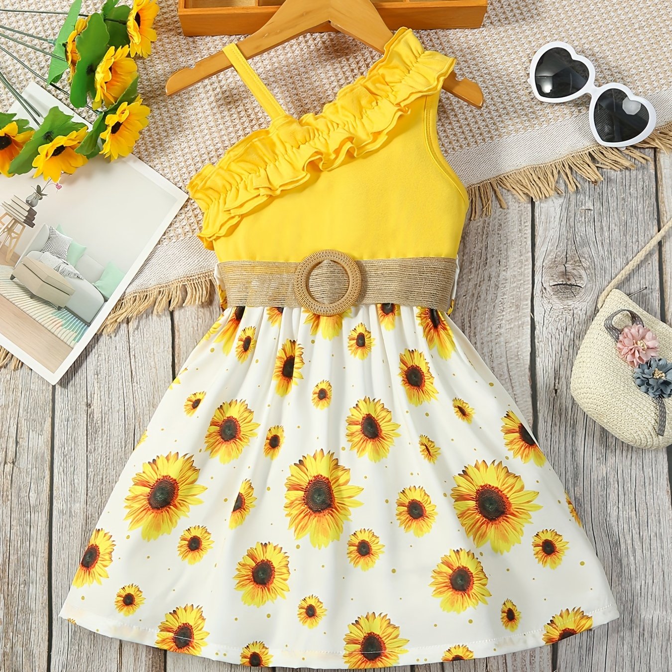Robe été fille – Robe princesse à une épaule avec tournesols et ceinture