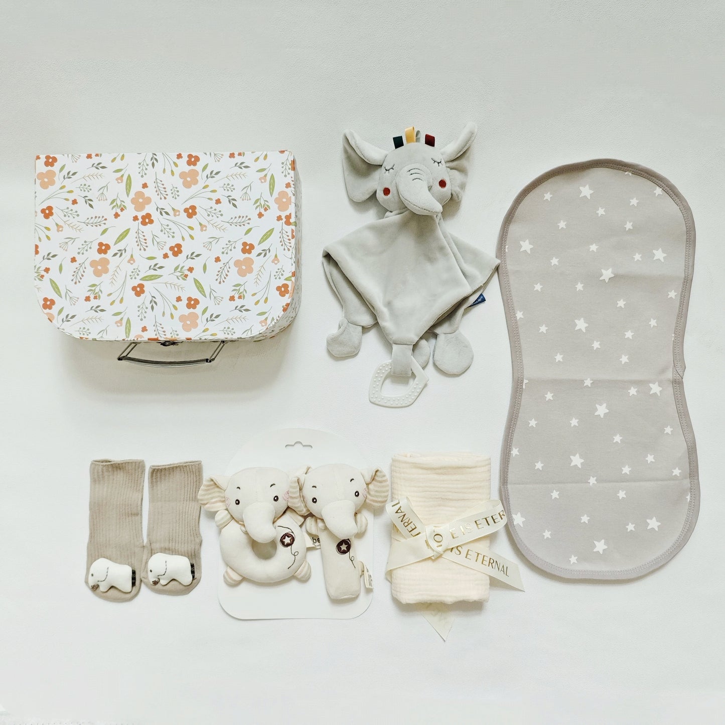 Coffret cadeau naissance 5 pièces – Mixte fille/garçon avec couverture, doudou éléphant et accessoires