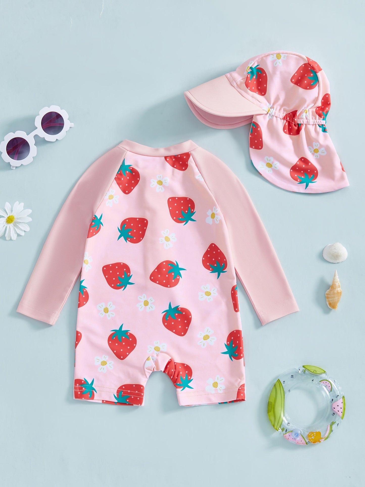 Maillot de bain fille bébé manches longues – Motif floral/flamant + chapeau