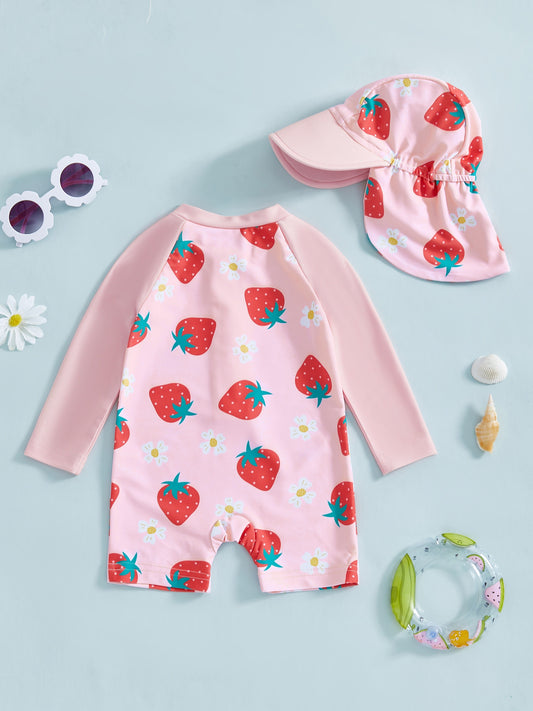 Maillot de bain fille bébé manches longues – Motif floral/flamant + chapeau