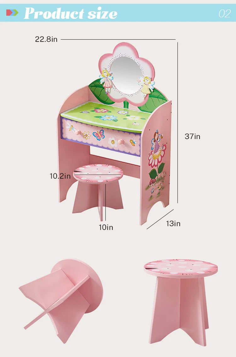 Coiffeuse jouet en bois rose pour enfant – Jeu d’imitation princesse