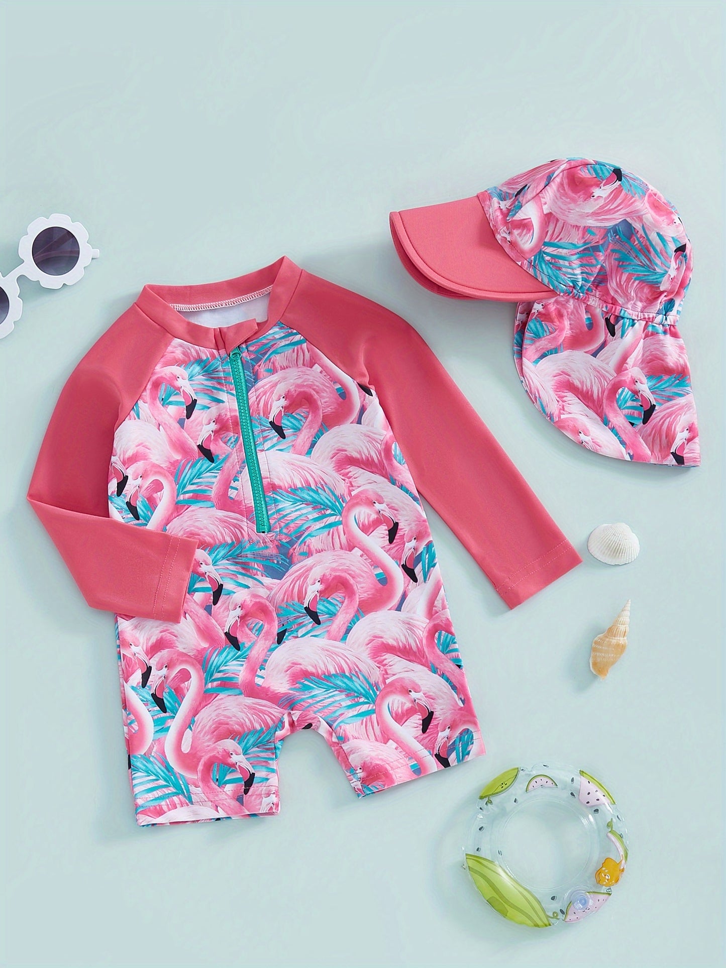Maillot de bain fille bébé manches longues – Motif floral/flamant + chapeau