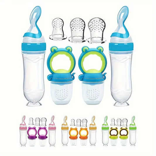 Set d'Alimentation Bébé 7 Pièces – Biberons Cuillères + Tétines Grignoteuses avec Embouts – Silicone Souple et Sans BPA