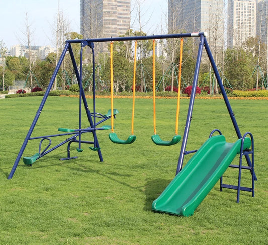 Portique Métal avec Toboggan – Balançoire d’Extérieur pour Enfants – Mobilier de Jardin Résistant & Ludique