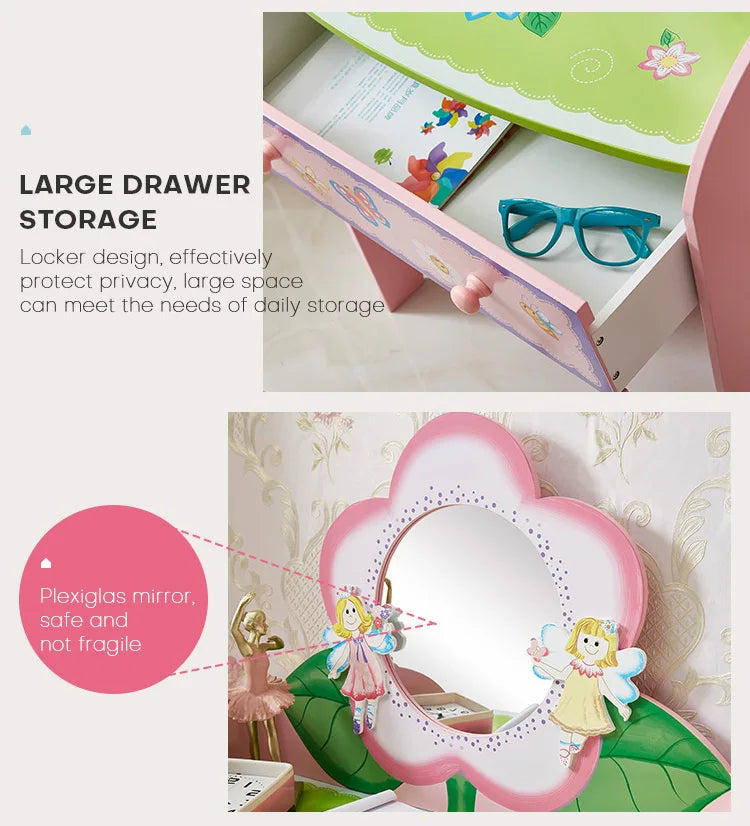 Coiffeuse jouet en bois rose pour enfant – Jeu d’imitation princesse