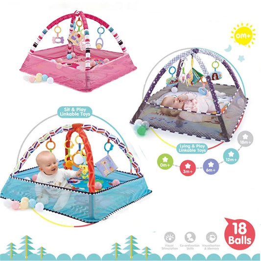 Tapis d’éveil bébé avec arche, jouets éducatifs et barrière de sécurité
