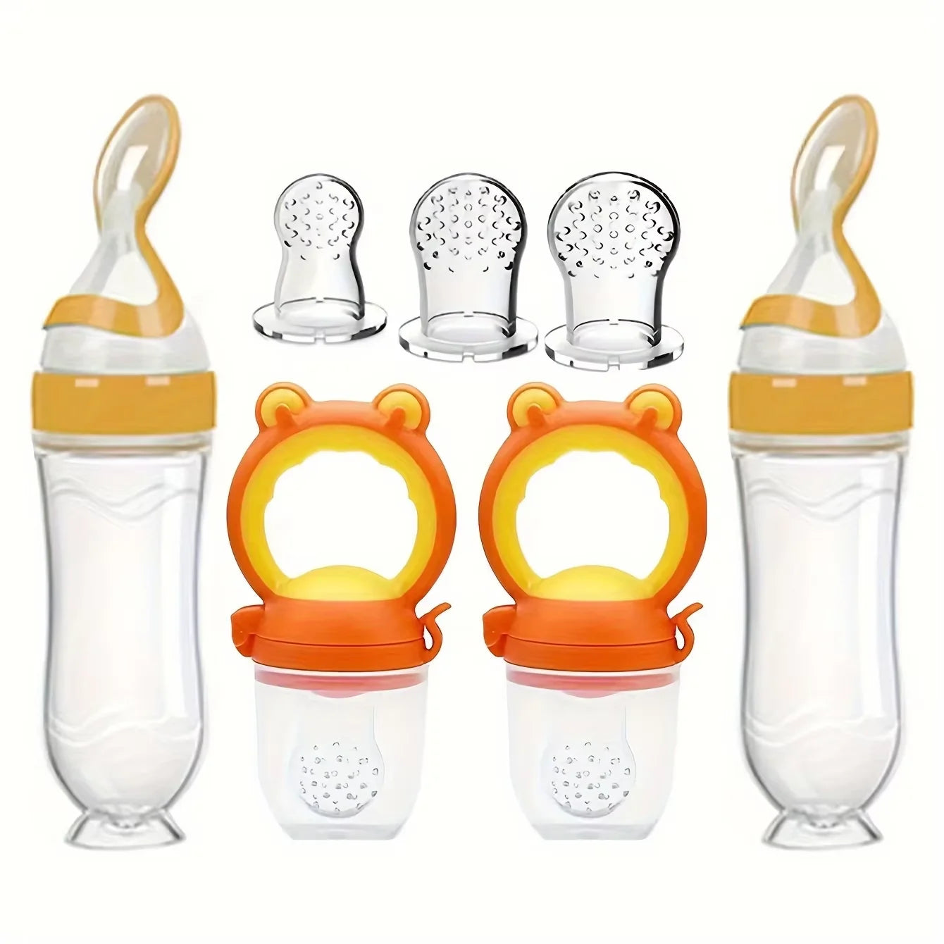 Set d'Alimentation Bébé 7 Pièces – Biberons Cuillères + Tétines Grignoteuses avec Embouts – Silicone Souple et Sans BPA