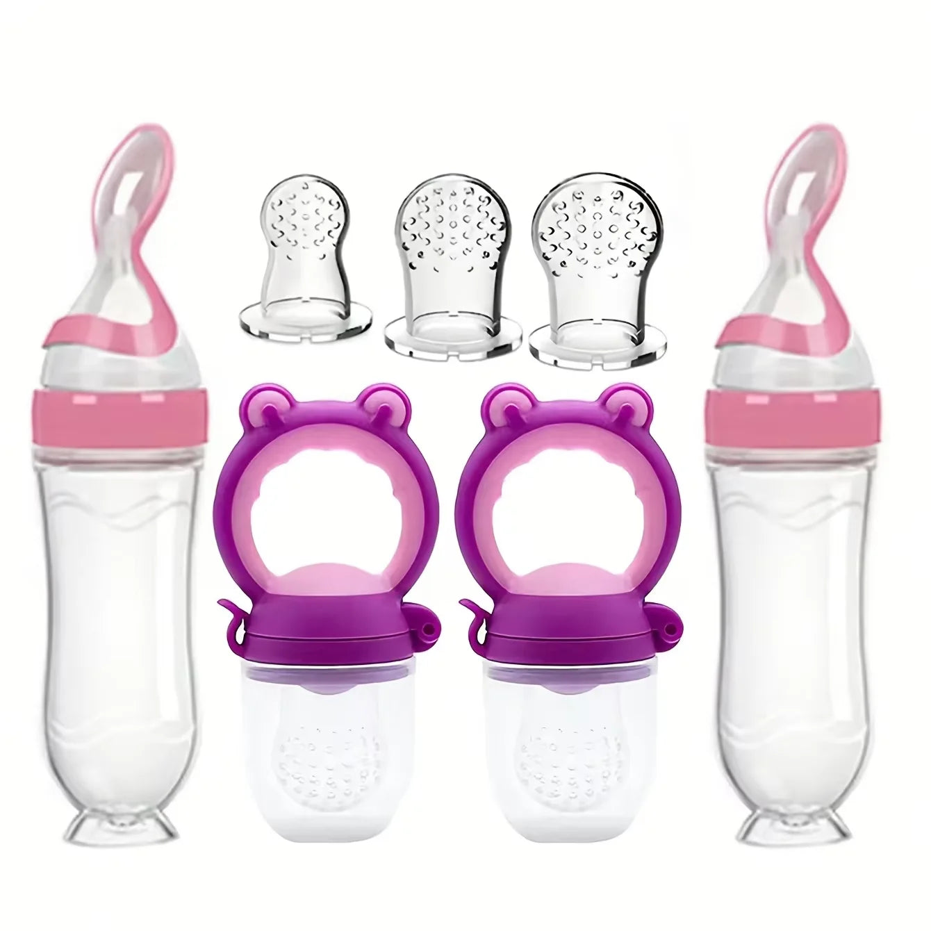Set d'Alimentation Bébé 7 Pièces – Biberons Cuillères + Tétines Grignoteuses avec Embouts – Silicone Souple et Sans BPA