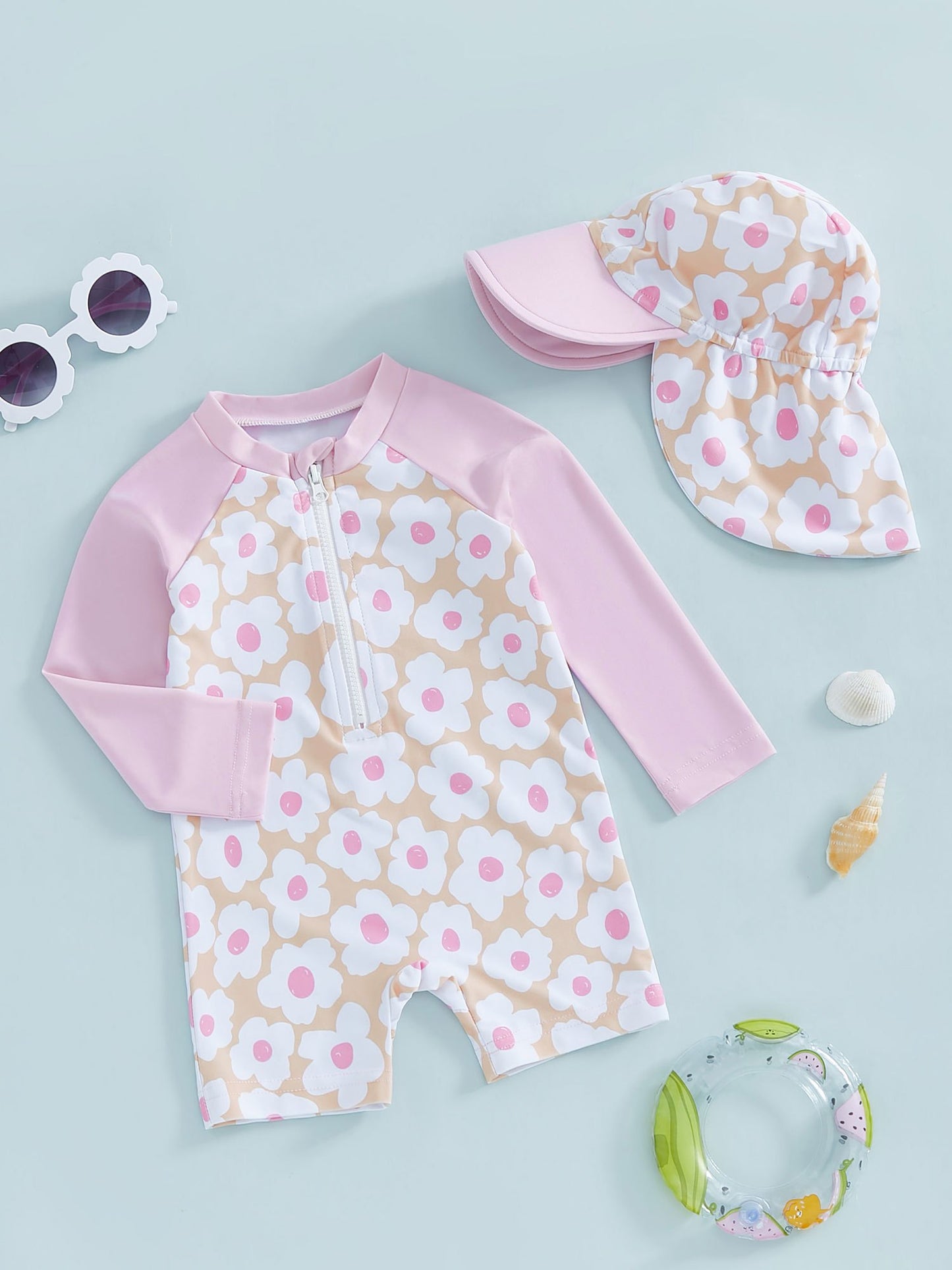Maillot de bain fille bébé manches longues – Motif floral/flamant + chapeau