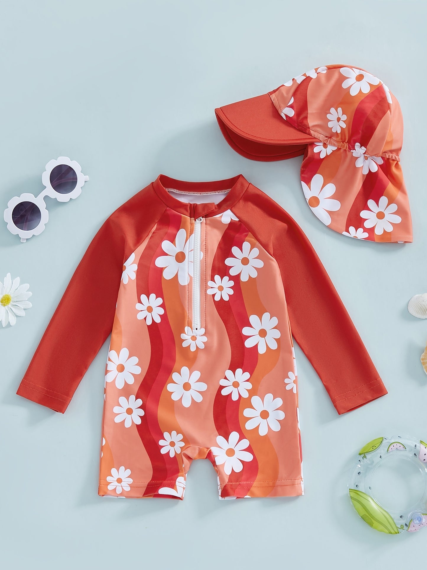 Maillot de bain fille bébé manches longues – Motif floral/flamant + chapeau