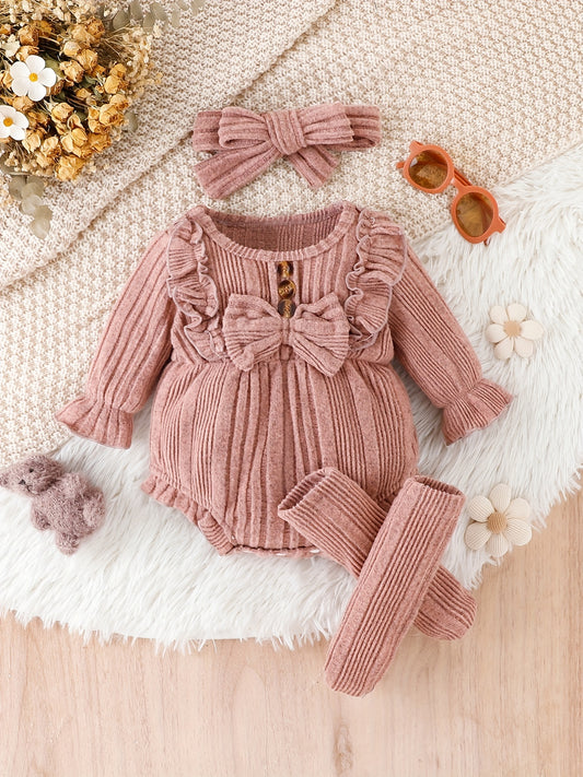 Ensemble 3 pièces bébé fille – Body à volants dentelle + bandeau + chaussettes