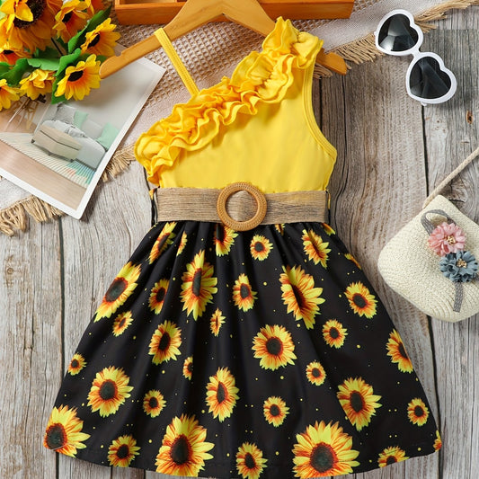 Robe été fille – Robe princesse à une épaule avec tournesols et ceinture
