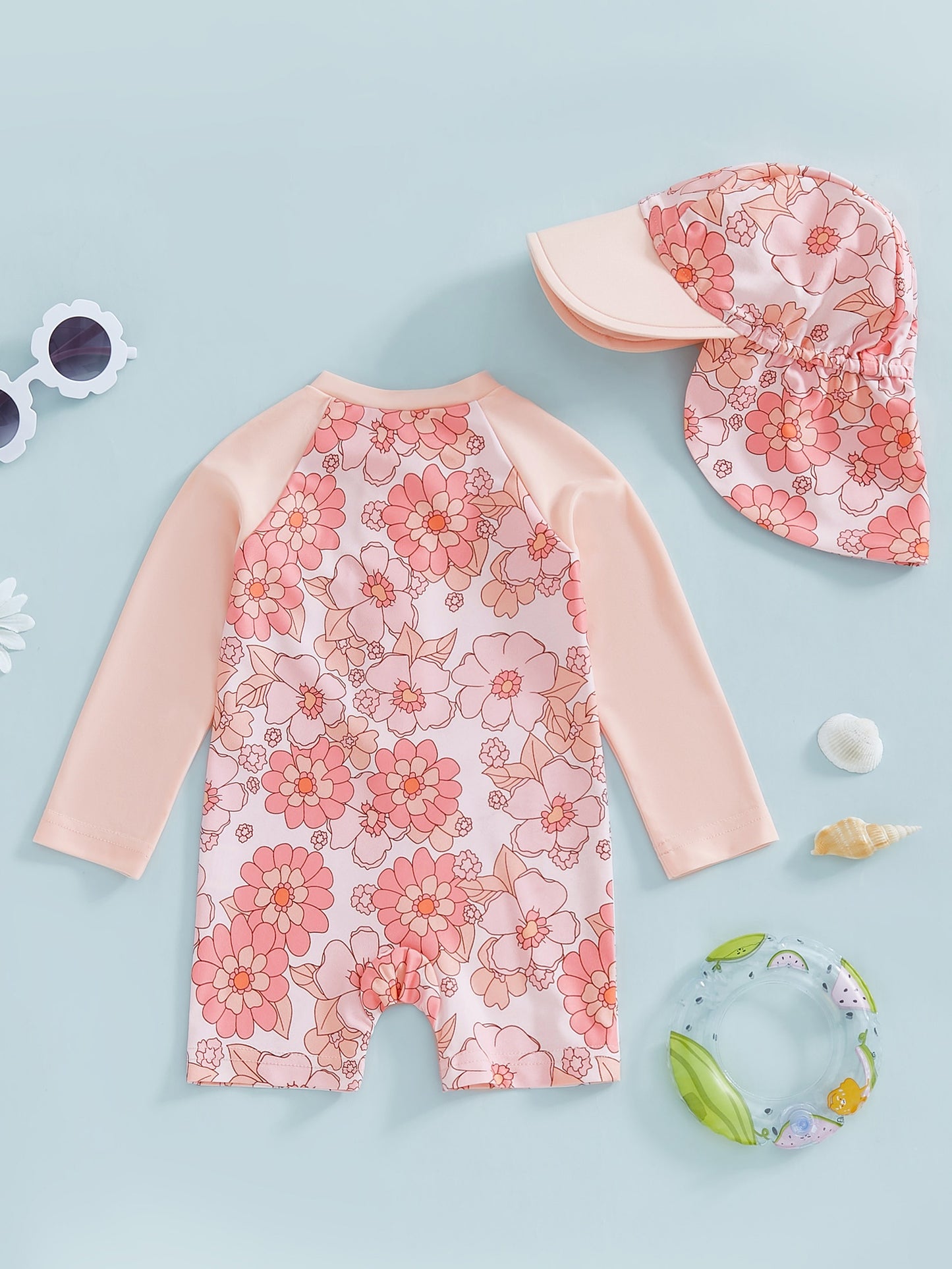 Maillot de bain fille bébé manches longues – Motif floral/flamant + chapeau