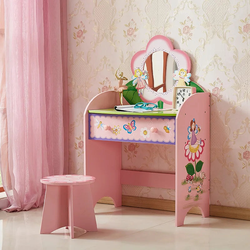 Coiffeuse jouet en bois rose pour enfant – Jeu d’imitation princesse