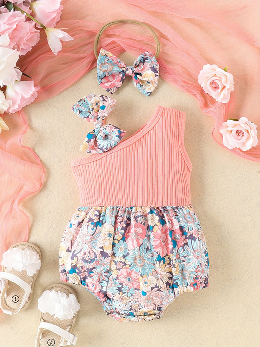 Ensemble été bébé fille – Body fleuri à une épaule + bandeau nœud