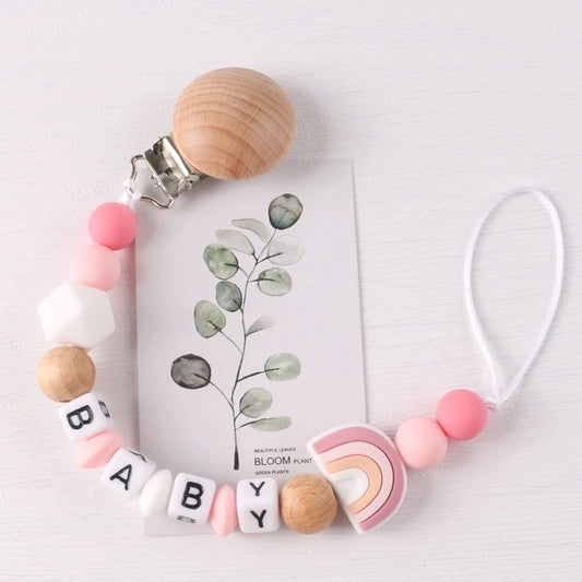 Chaîne de sucette en silicone avec clip bois | Accessoire bébé sûr