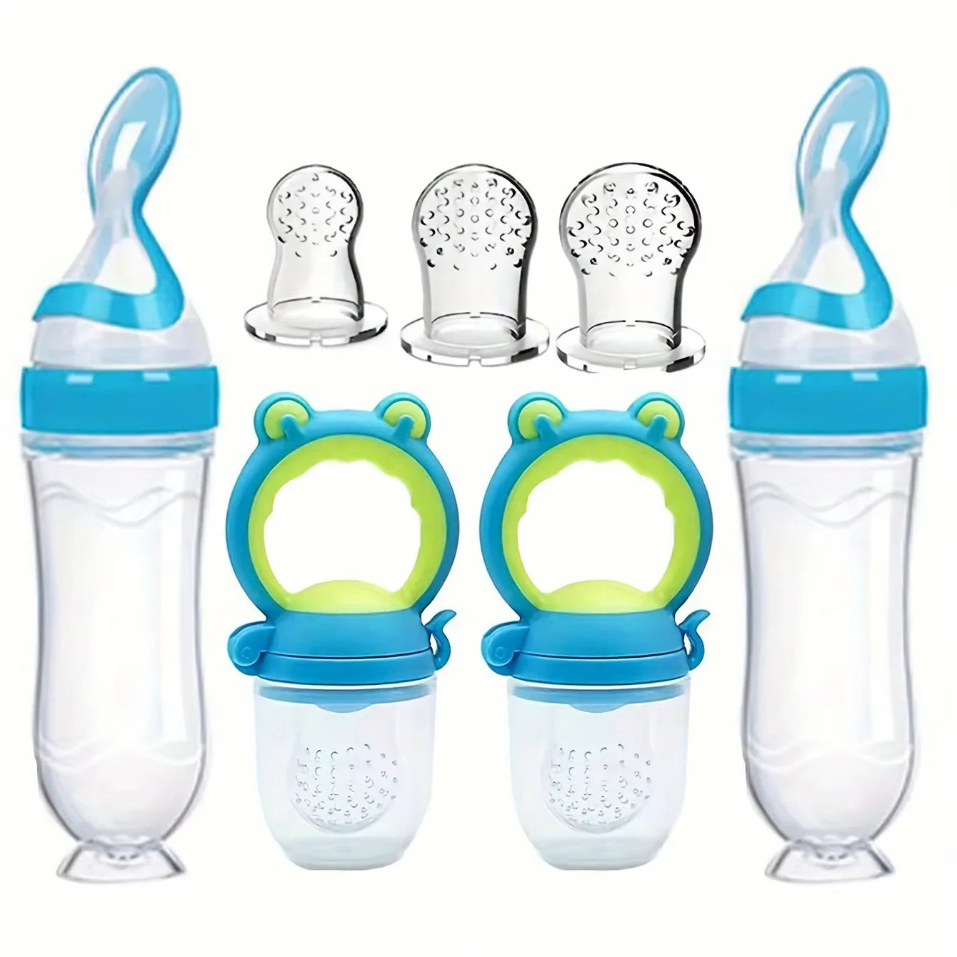 Set d'Alimentation Bébé 7 Pièces – Biberons Cuillères + Tétines Grignoteuses avec Embouts – Silicone Souple et Sans BPA