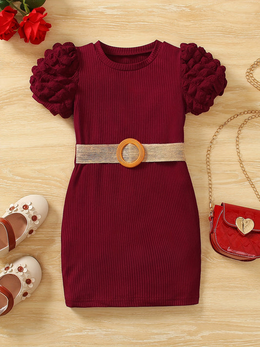 Robe été fille – Robe ceinturée en maille côtelée à manches bouffantes